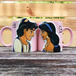 Set of mugs with Aladdin and Jasmine from Disney's Aladdin facing each other